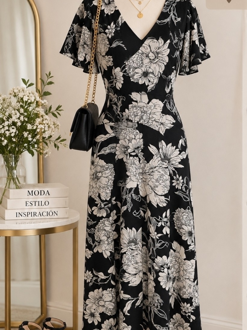 Black Floral V-Neck Flutter Sleeve Dress